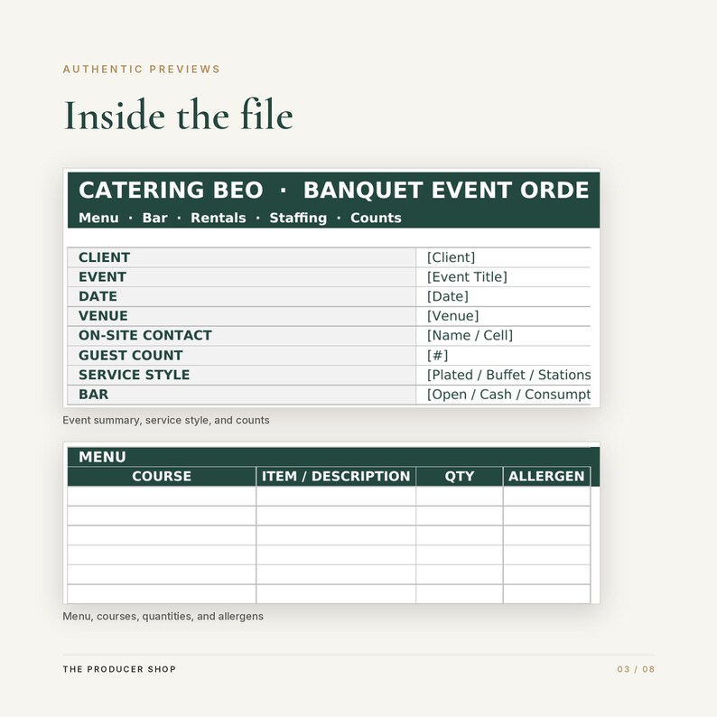 May include: A digital template document titled Catering BEO Banquet Event Order with sections for client, event, date, venue, contact, guest count, service style, and bar. A second section labeled Menu includes columns for course, item, description, quantity, and allergen.