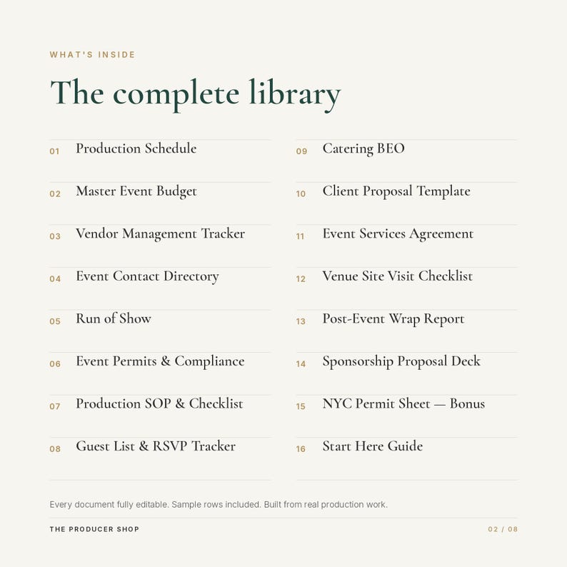 K&ouml;nnte beinhalten: Eine digitale Dokumentenliste mit dem Titel The complete library, die sechzehn nummerierte Punkte enth&auml;lt, darunter Production Schedule, Master Event Budget, Vendor Management Tracker, Event Contact Directory, Run of Show, Event Permits und mehr.