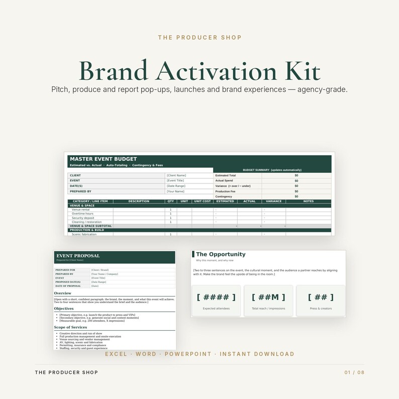 Peut inclure: Un ensemble de mod&egrave;les num&eacute;riques Brand Activation Kit comprenant une feuille de calcul Master Event Budget, un document Event Proposal et une diapositive The Opportunity. La mise en page vert fonc&eacute; et blanc inclut des champs de texte.