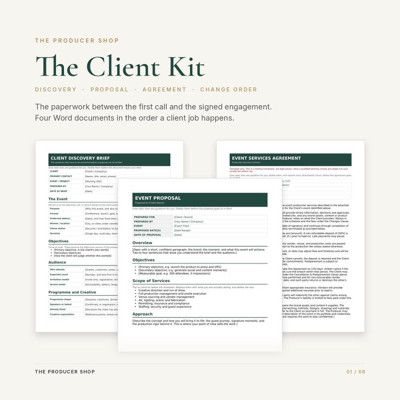 May include: A digital document set titled The Client Kit, featuring four white pages with dark green headers. The documents include a Client Discovery Brief, Event Proposal, and Event Services Agreement, with text outlining business paperwork.