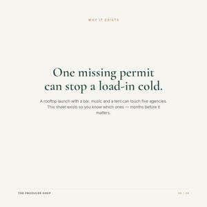 Op de afbeelding: Een wit informatieblad met de titel WHY IT EXISTS. De tekst luidt: One missing permit can stop a load-in cold. A rooftop launch with a bar, music and a tent can touch five agencies. This sheet exists so you know which ones&mdash;months before it matters. THE PRODUCER SHOP 06 / 08.