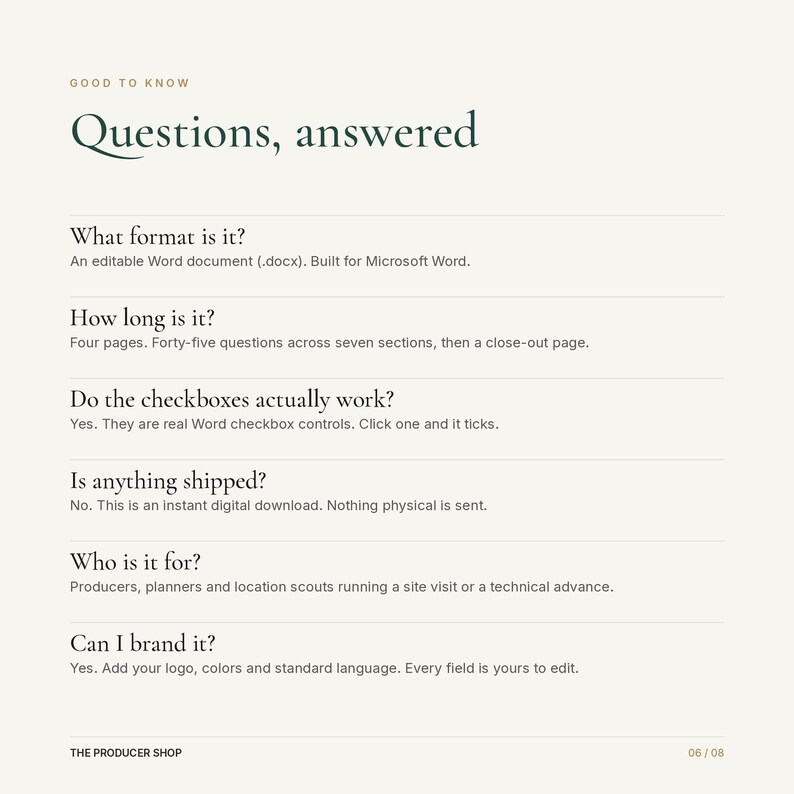 Puede incluir: Una hoja de informaci&oacute;n digital titulada Good to Know Questions, answered. Enumera seis preguntas frecuentes sobre un documento de Microsoft Word editable de cuatro p&aacute;ginas, incluyendo detalles sobre el formato, la longitud, la funcionalidad y las opciones de marca.