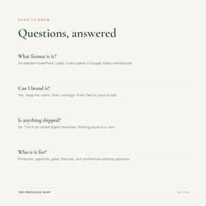 Może przedstawiać: Cyfrowy slajd informacyjny zatytułowany Good to Know Questions, answered. Zawiera cztery często zadawane pytania dotyczące formatu pliku, brandingu, wysyłki i grupy docelowej dla pobrania cyfrowego, z oznaczeniem The Producer Shop na dole.