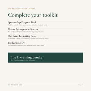 May include: A digital document titled The Producer Shop Library Complete your toolkit, listing a Sponsorship Proposal Deck, Vendor Management System, The Event Permitting Atlas, Production SOP, and a dark green box labeled The Everything Bundle.