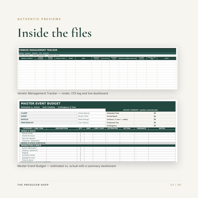 May include: A digital document preview titled Inside the files, featuring a dark green Vendor Management Tracker spreadsheet and a Master Event Budget spreadsheet with columns for client, event, date, and financial summaries for event planning.