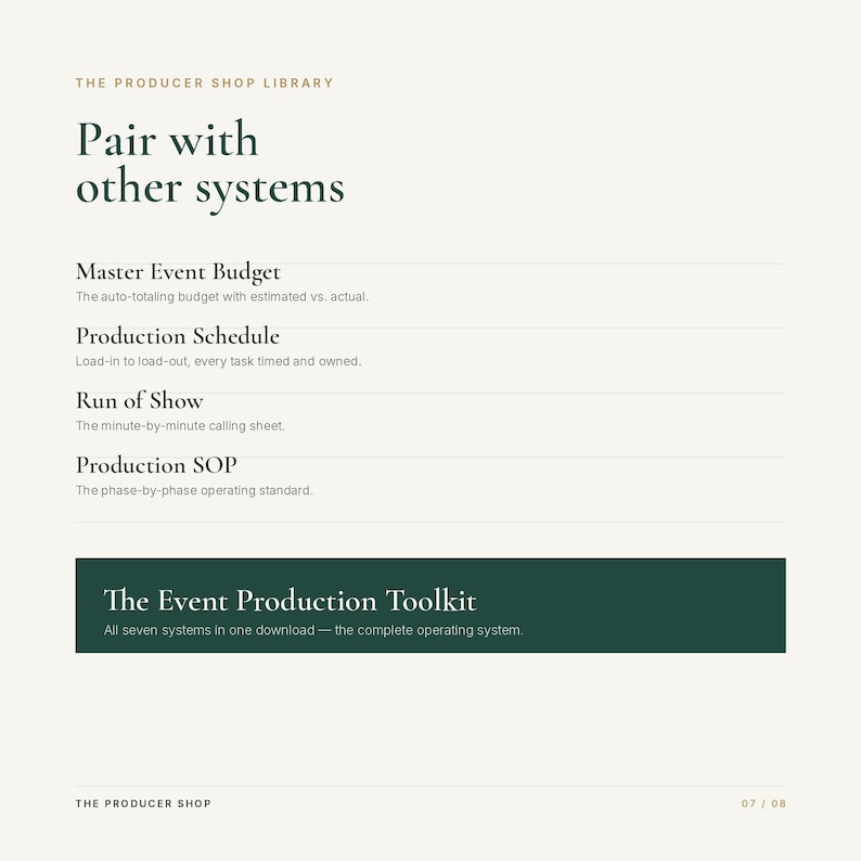 May include: A digital document page titled The Producer Shop Library, Pair with other systems. It lists Master Event Budget, Production Schedule, Run of Show, and Production SOP. A dark green banner highlights The Event Production Toolkit.