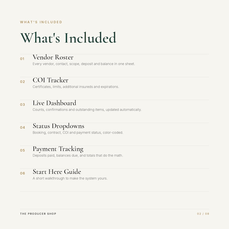 May include: A digital document titled What's Included listing six features: Vendor Roster, COI Tracker, Live Dashboard, Status Dropdowns, Payment Tracking, and Start Here Guide. The text is dark green on a light cream background with page number 02/08.