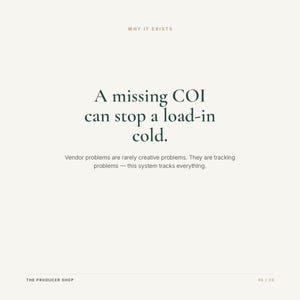 May include: A white informational graphic with dark green text that reads: WHY IT EXISTS. A missing COI can stop a load-in cold. Vendor problems are rarely creative problems. They are tracking problems &mdash; this system tracks everything. THE PRODUCER SHOP 06 / 08.