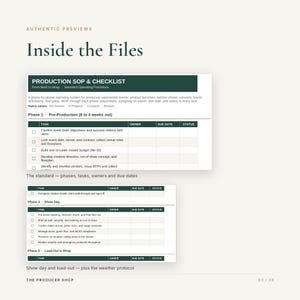 May include: A digital document titled PRODUCTION SOP & CHECKLIST featuring a dark green header and a table with columns for task, owner, due date, and status. The document outlines phases for event production, including pre-production and show day.