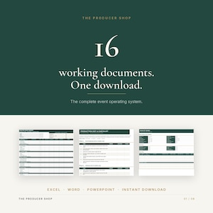 May include: A digital product set featuring 16 working documents for event management. The dark green graphic displays the text: 16 working documents. One download. The complete event operating system. Includes three spreadsheet previews and file formats.