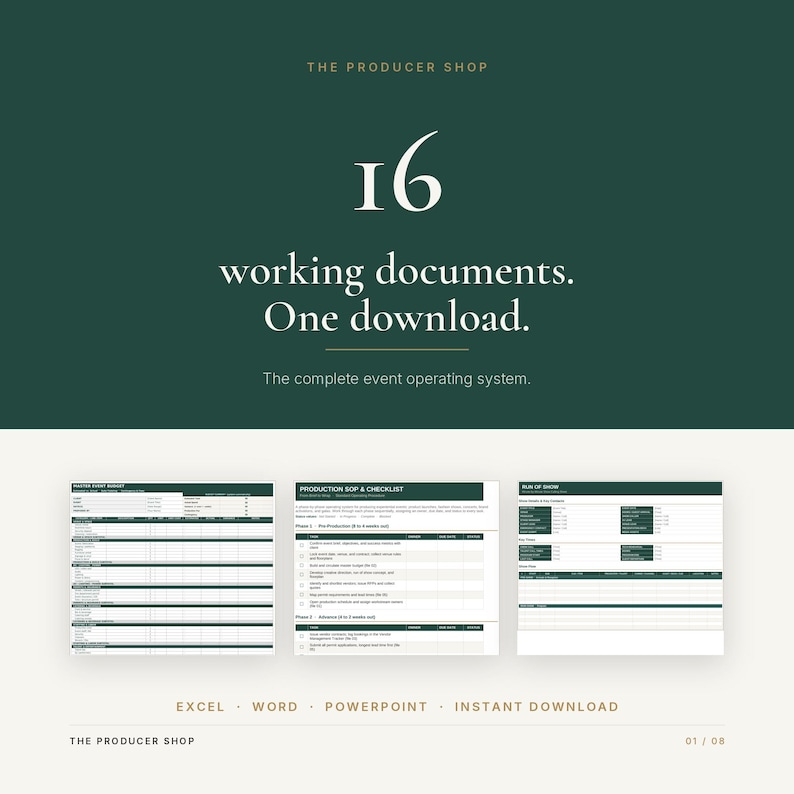 May include: A digital product set featuring 16 working documents for event management. The dark green graphic displays the text: 16 working documents. One download. The complete event operating system. Includes three spreadsheet previews and file formats.