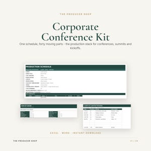 May include: A digital corporate conference kit template featuring a production schedule, run of show, and load-in/load-out schedule. The document includes fields for client details, event dates, venue information, and key contacts in a dark green layout.