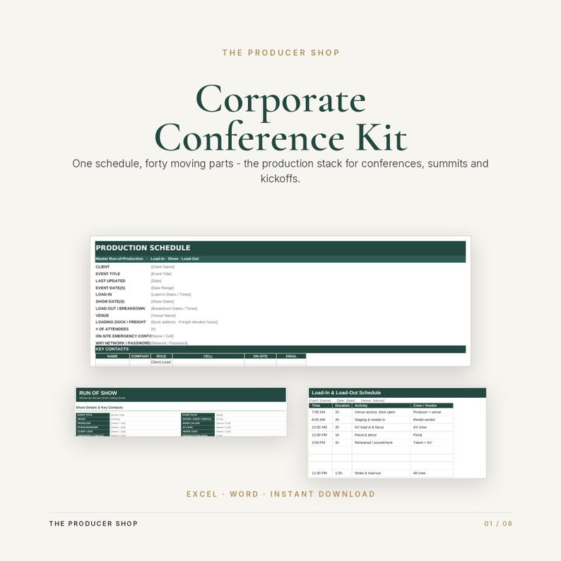 May include: A digital corporate conference kit template featuring a production schedule, run of show, and load-in/load-out schedule. The document includes fields for client details, event dates, venue information, and key contacts in a dark green layout.