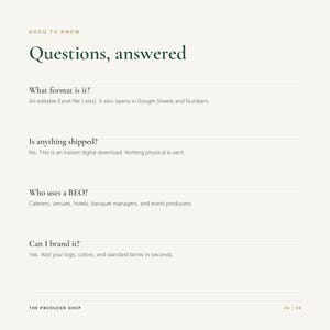 May include: A digital information sheet titled Good to Know Questions, answered. It lists four questions and answers regarding an editable Excel file format, digital download delivery, target users like caterers, and branding options. The Producer Shop 06/08.