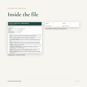 May include: An event services agreement document template featuring sections for producer, client, event details, and effective date. It includes numbered clauses covering services, term, fees, expenses, changes, cancellation, insurance, and liability.