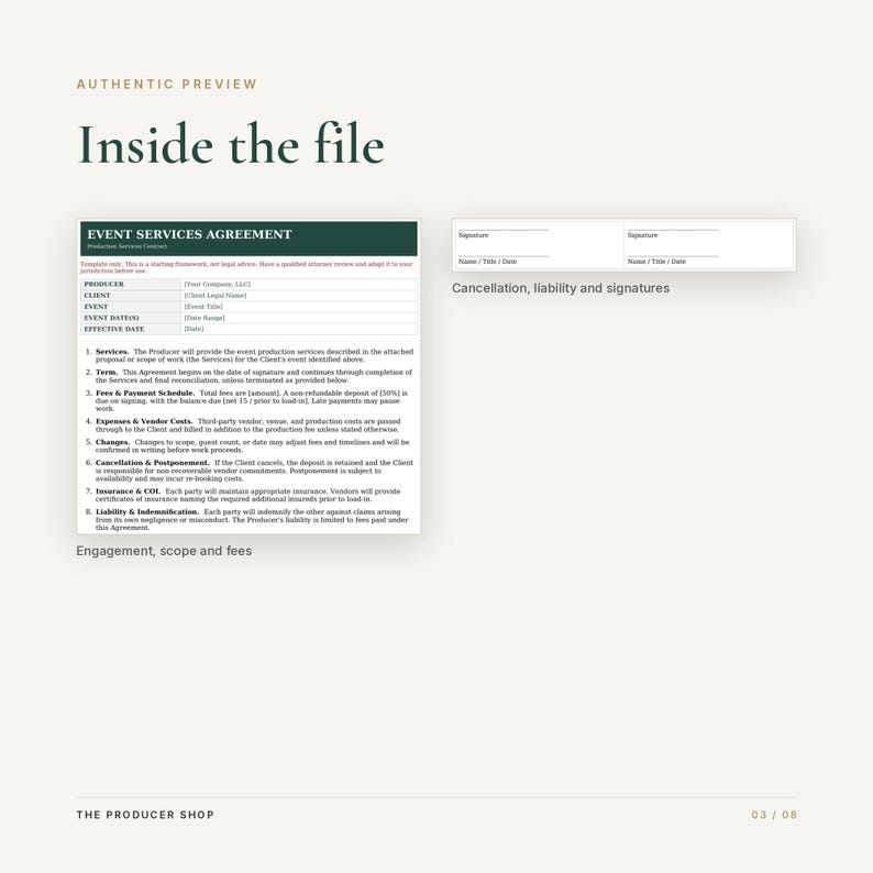 May include: An event services agreement document template featuring sections for producer, client, event details, and effective date. It includes numbered clauses covering services, term, fees, expenses, changes, cancellation, insurance, and liability.