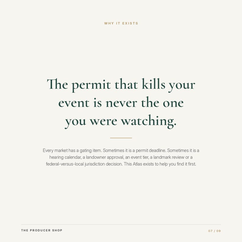 May include: A white informational graphic with dark green text that reads: Why it exists. The permit that kills your event is never the one you were watching. Every market has a gating item. This Atlas exists to help you find it first. The Producer Shop 07/09.