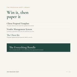 May include: A digital document titled The Producer Shop Library featuring the text Win it, then paper it. It lists a Client Proposal Template, Vendor Management System, The Client Kit, and a dark green box labeled The Everything Bundle.