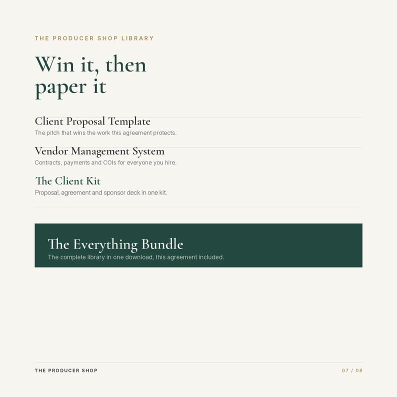 May include: A digital document titled The Producer Shop Library featuring the text Win it, then paper it. It lists a Client Proposal Template, Vendor Management System, The Client Kit, and a dark green box labeled The Everything Bundle.