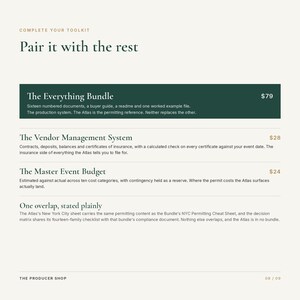 May include: A digital document listing titled Complete Your Toolkit, Pair it with the rest. It features The Everything Bundle, The Vendor Management System, The Master Event Budget, and One overlap, stated plainly, with descriptive text for each item.