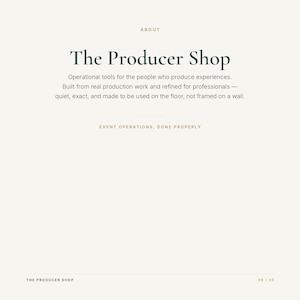 Może przedstawiać: Biała grafika informacyjna z ciemnozielonym tekstem o treści The Producer Shop, po kt&oacute;rej następuje opis: Operational tools for the people who produce experiences. Built from real production work and refined for professionals.