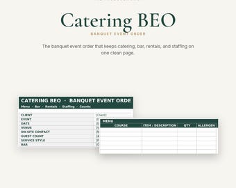 Sjabloon voor cateringbestellingen (BEO) | Excel-spreadsheet voor banketbestellingen (digitale download)