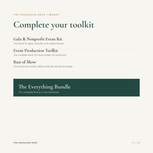 May include: A digital document titled The Producer Shop Library featuring a list of event resources including the Gala & Nonprofit Event Kit, Event Production Toolkit, Run of Show, and The Everything Bundle, presented in dark green and black text.