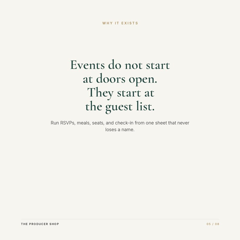 May include: A white informational graphic with dark green text that reads: WHY IT EXISTS. Events do not start at doors open. They start at the guest list. Run RSVPs, meals, seats, and check-in from one sheet that never loses a name. THE PRODUCER SHOP 05 / 08.