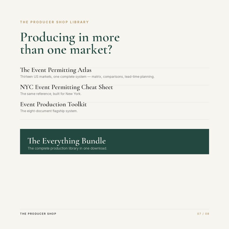 May include: A digital document list titled The Producer Shop Library with the heading Producing in more than one market? It lists The Event Permitting Atlas, NYC Event Permitting Cheat Sheet, Event Production Toolkit, and The Everything Bundle.