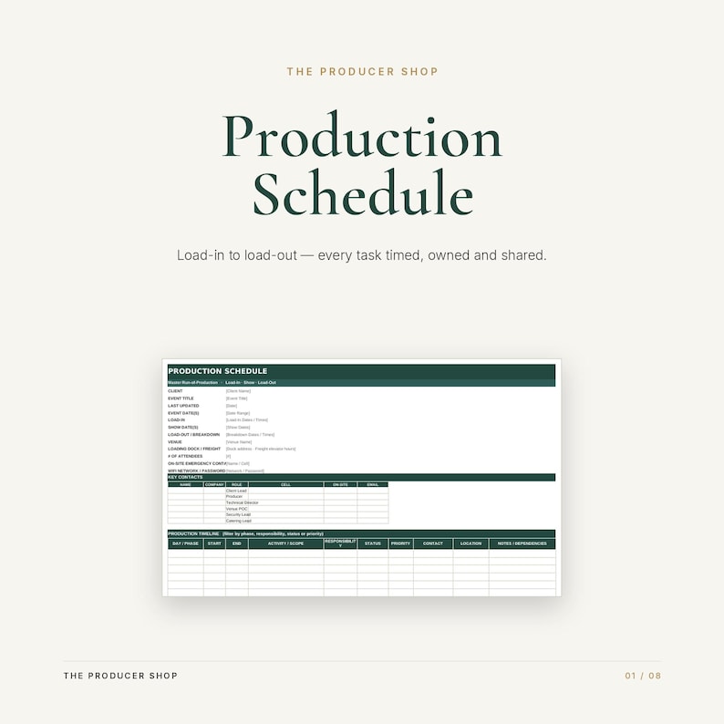 May include: A digital production schedule template featuring dark green headers and white cells. The document includes sections for event details, key contacts, and a production timeline with columns for task, responsibility, status, and priority.