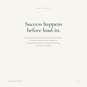 Może przedstawiać: Biała grafika informacyjna z ciemnozielonym tekstem o treści: WHY IT EXISTS, Success happens before load-in. Everything inside this toolkit exists for one reason: To help you prepare with confidence. Professional producers don't rely on memory. They rely on systems. THE PRODUCER SHOP 06 / 08.