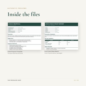 Peut inclure: Un ensemble de mod&egrave;les de documents num&eacute;riques comprenant une proposition d'&eacute;v&eacute;nement et un rapport de fin d'&eacute;v&eacute;nement. Les deux documents pr&eacute;sentent des en-t&ecirc;tes vert fonc&eacute; avec du texte blanc et des sections pour les d&eacute;tails.