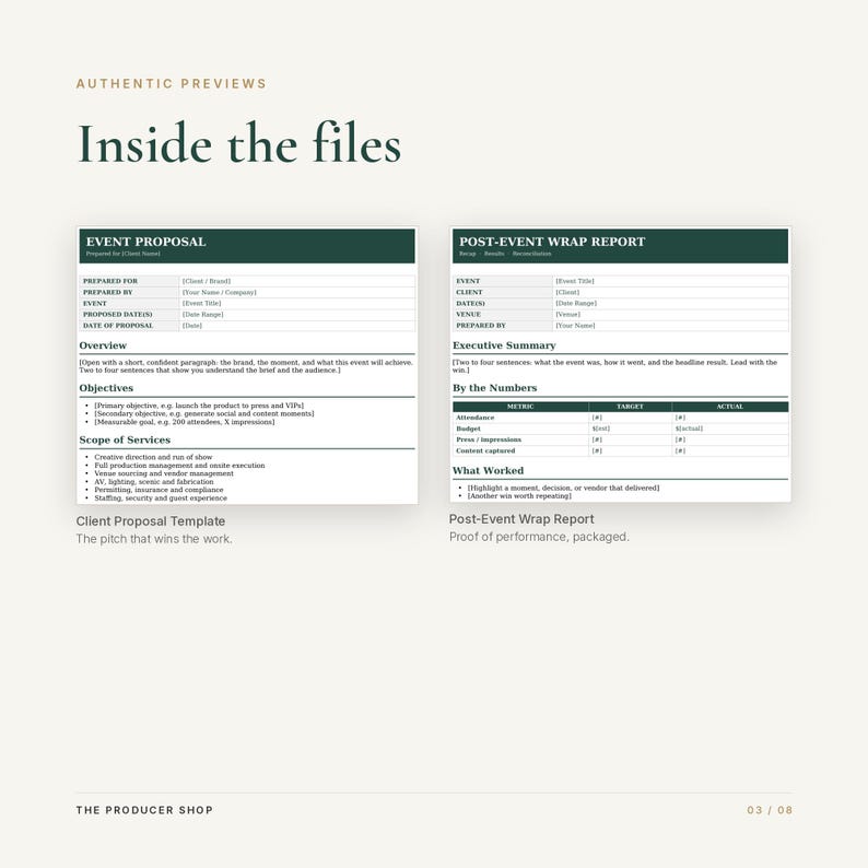 Peut inclure: Un ensemble de mod&egrave;les de documents num&eacute;riques comprenant une proposition d'&eacute;v&eacute;nement et un rapport de fin d'&eacute;v&eacute;nement. Les deux documents pr&eacute;sentent des en-t&ecirc;tes vert fonc&eacute; avec du texte blanc et des sections pour les d&eacute;tails.