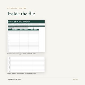 May include: A digital guest list and RSVP tracker spreadsheet template with a dark green header. The document includes fields for event title, date, venue, and a headcount summary. Columns are labeled for guest name, party, company, email, and phone.