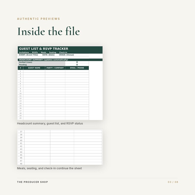 May include: A digital guest list and RSVP tracker spreadsheet template with a dark green header. The document includes fields for event title, date, venue, and a headcount summary. Columns are labeled for guest name, party, company, email, and phone.