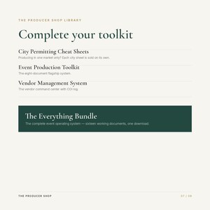 May include: A digital document page titled The Producer Shop Library Complete your toolkit. It lists City Permitting Cheat Sheets, Event Production Toolkit, Vendor Management System, and The Everything Bundle with descriptions for each event management resource.