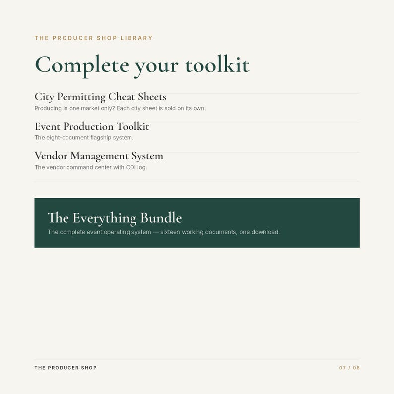 May include: A digital document page titled The Producer Shop Library Complete your toolkit. It lists City Permitting Cheat Sheets, Event Production Toolkit, Vendor Management System, and The Everything Bundle with descriptions for each event management resource.