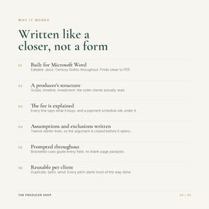 K&ouml;nnte beinhalten: Eine digitale Dokumentenseite mit dem Titel Why It Works, Written like a closer, not a form. Sie listet sechs nummerierte Punkte auf, die Funktionen f&uuml;r Microsoft Word beschreiben, darunter Struktur, Honorarerkl&auml;rung, Annahmen und Wiederverwendbarkeit.