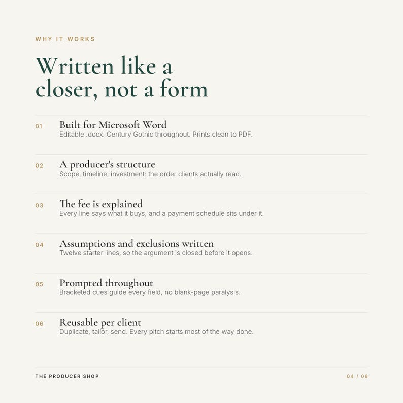 K&ouml;nnte beinhalten: Eine digitale Dokumentenseite mit dem Titel Why It Works, Written like a closer, not a form. Sie listet sechs nummerierte Punkte auf, die Funktionen f&uuml;r Microsoft Word beschreiben, darunter Struktur, Honorarerkl&auml;rung, Annahmen und Wiederverwendbarkeit.