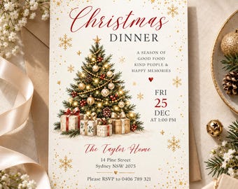 May include: A Christmas dinner invitation card featuring a decorated tree with gold ornaments and gifts, text reading Christmas DINNER, A SEASON OF GOOD FOOD, KIND PEOPLE & HAPPY MEMORIES, FRI 25 DEC AT 1:00 PM, The Taylor Home, 14 Pine Street, Sydney NSW 2075, RSVP 0406 789 321.