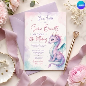 Op de afbeelding: Een rechthoekige verjaardagsuitnodigingskaart met een aquarel drakenillustratie in paarse en groenblauwe tinten. De tekst luidt: You're Invited, Sophia Bennett's MAGICAL 10th birthday, Sunday, October 25, 2026, 1:00 PM - 4:00 PM, Willow Garden Venue, 227 Rosewood Lane, Nashville, TN, RSVP to Mia at (555) 452-7713, Wings, wishes & birthday magic!