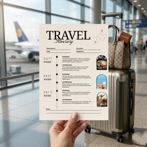 May include: A beige travel itinerary planner sheet with black text, featuring sections for destination, duration, date, and departure. The document outlines a three-day schedule with morning and afternoon activities, accompanied by three small arched photos.