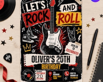 Rock Star Guitar Birthday Invitation, Rock Star Invite, Rock and Roll Invitation, Electric Guitar Invitation, Editable Canva Invite