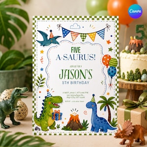 May include: A white rectangular birthday invitation card featuring colorful illustrations of dinosaurs, a volcano, and party bunting. The text reads: FIVE A-SAURUS! JASON'S 5TH BIRTHDAY, 2 MAY, 2025, AT 3:00 PM, 123 ANYWHERE ST., ANY CITY, ST 12345, RSVP: 123-456-7890.