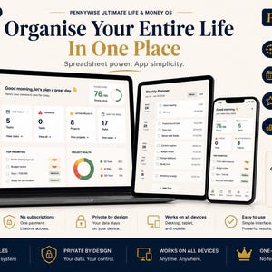 Puede incluir: Un sistema de productividad digital mostrado en una computadora portátil, una tableta y un teléfono inteligente. Las pantallas muestran un panel llamado Pennywise Ultimate Life & Money OS con listas de tareas, gráficos de salud de proyectos y un planificador semanal. El texto incluye Organise Your Entire Life In One Place y Spreadsheet power. App simplicity.