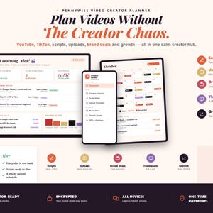 Könnte beinhalten: Der Pennywise Video Creator Planner ist ein digitales Organisationstool für Content Creator. Er bietet ein Dashboard für YouTube und TikTok mit Funktionen wie Skript-Editor, Upload-Planer, Brand-Deal-Tracker, Thumbnail-Planer und Wachstumstracker.