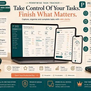 May include: A digital task management system displayed on a laptop, tablet, and smartphone. The interface features the Pennywise Task Tracker branding, showing dashboards for organizing tasks, deadlines, and progress with a clean, professional layout.