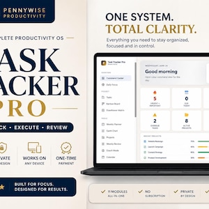 May include: A digital productivity system titled Task Tracker Pro displayed on a laptop and smartphone screen. The interface features a dashboard with task metrics, project lists, and navigation menus in a clean, white, and dark blue color scheme.