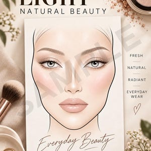 Pode incluir: Um cartão facial retangular com uma ilustração estilizada de um rosto com maquiagem leve. O texto diz LIGHT NATURAL BEAUTY, FRESH, NATURAL, RADIANT, EVERYDAY WEAR, Everyday Beauty by ANASTASIOS. O design inclui uma marca d'água SAMPLE.