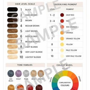 Puede incluir: Una tabla educativa titulada HAIR COLOUR fundamentals que presenta una escala de nivel de cabello del 1 al 10, una tabla de pigmentos subyacentes, familias de tonos con muestras de color y una rueda de color con texto.